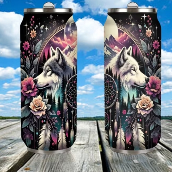 Wolf and Dreamcatcher Stainless Steel Can Tumbler - Picture 3 of 4